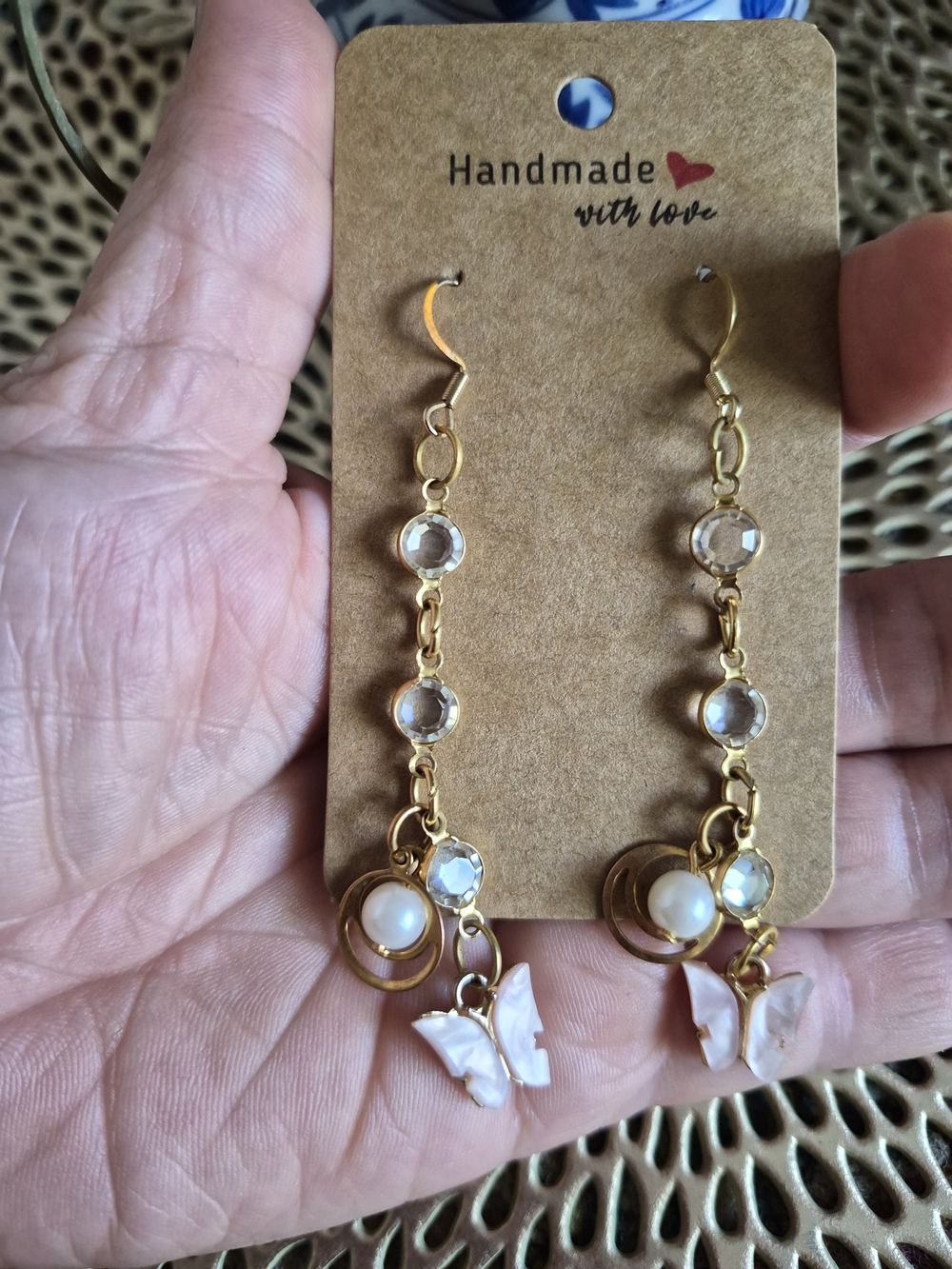 Handmade Gold Butterfly Drop Earrings with Pearls